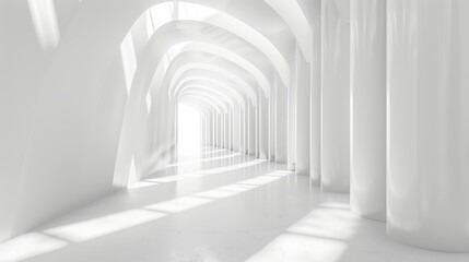 Ethereal white arches in a luminous corridor. Contemporary architecture and design concept for background and wallpaper