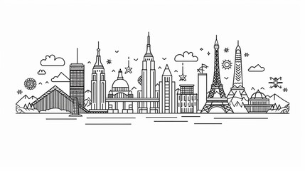 Line art illustrations of iconic landmarks from around the world, suitable for travel-related content.