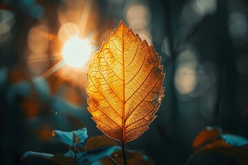 Obraz premium Sunlit Leaf Detail in Tranquil Autumn Forest Scene