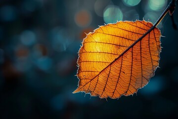 Obraz premium Golden Autumn Leaf Backlit by Sunlight with Bokeh Background