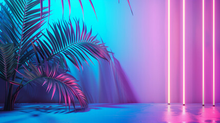 palm tree leaf against red and blue neon light background