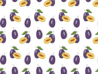 Ripe plum harvest seamless pattern. Line drawn summer fresh fruit background. Template for design of wrapping paper, packaging of plum jam, juice