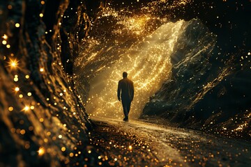 Obraz premium Man Walking Through a Mystical Tunnel of Golden Lights