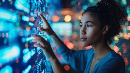 Fototapeta premium A woman in a future job controlling a giant digital screen