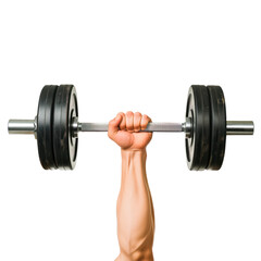 Fototapeta premium Hand holding a dumbbell isolated on a white or transparent background. Close-up of a dumbbell in hand, side view. Graphic design element on the theme of sports.