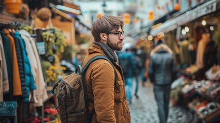 Fototapeta premium Tourist walking through a street market with many shops