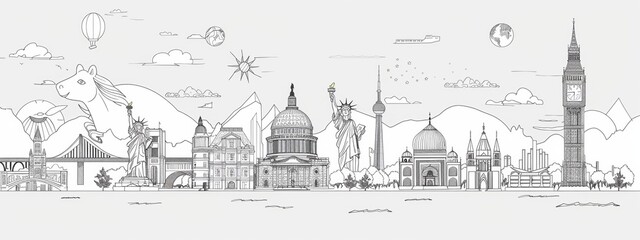 Fototapeta premium Line art illustrations of iconic landmarks from around the world, suitable for travel-related content.