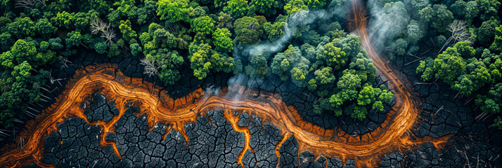 Drone shot of a burned forest in contrast to green living trees