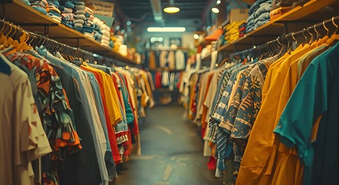 Secondhand clothes racks with assorted garments for sale at a charity shop. Concept Secondhand Clothing, Charity Shop, Assorted Garments, Garment Racks, Sustainable Fashion