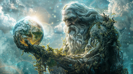A giant druidic god holding the planet earth in his hands