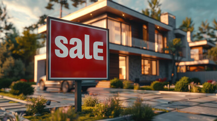 modern house for sale sign displayed at dusk in upscale neighborhood