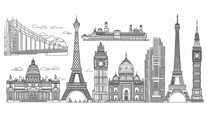 Naklejka premium Line art illustrations of iconic landmarks from around the world, suitable for travel-related content.
