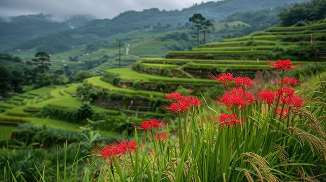 A  terraced rice field with red spider lilies in the foreground and mountains in the background.
