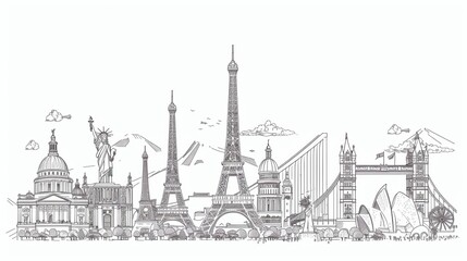 Line art illustrations of iconic landmarks from around the world, suitable for travel-related content.
