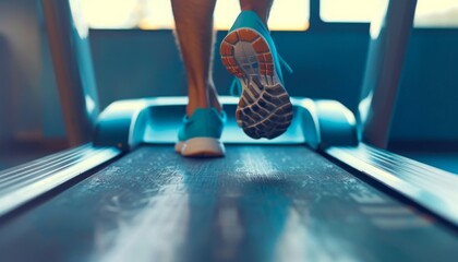 Naklejka premium Close-up of man feet on a treadmill running at the gym 
