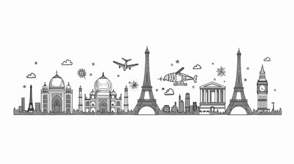 Line art illustrations of iconic landmarks from around the world, suitable for travel-related content.