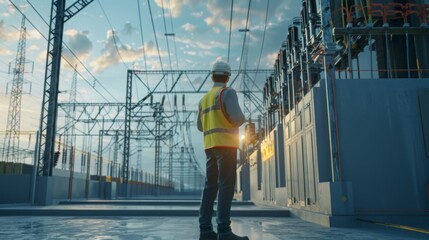 Electrical substation engineer inspect modern high-voltage equipmen