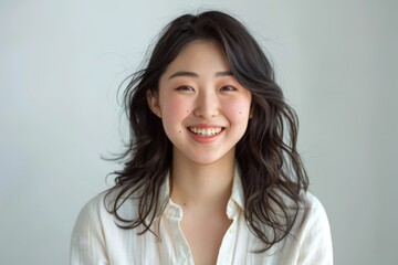 Fototapeta premium Radiant Asian Woman Poses in Bright Studio for Promotional Brand, Exuding Confidence and Energy