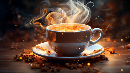 A steaming hot cup of coffee with a sprinkle of cinnamon.
