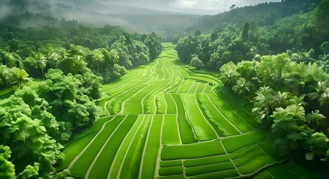 Aerial view of lush green Tabanan rice fields and Amazon rainforest. Concept Aerial Photography, Nature Landscape, Lush Greenery, Tabanan Rice Fields, Amazon Rainforest