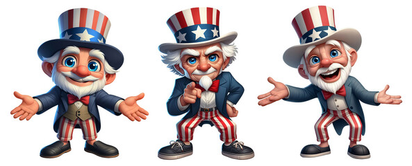 A set of patriotic senior citizen cartoons, celebrating July 4th Independence Day, isolated on a transparent background