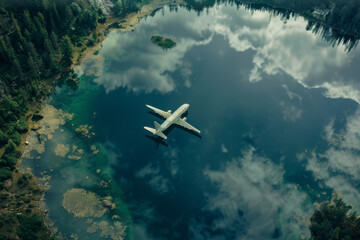 Airplane Approaching Lake Reflection Aerial View