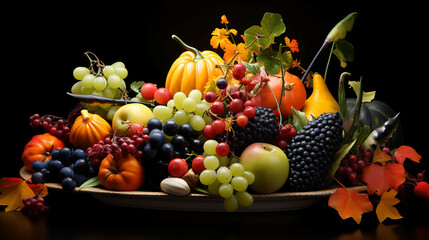 A stunning arrangement of seasonal fruits and vegetables, including berries, melon, and citrus, on a decorative platter.