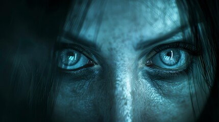   A tight shot of a woman with blue eyes and lengthy tresses against a dark backdrop