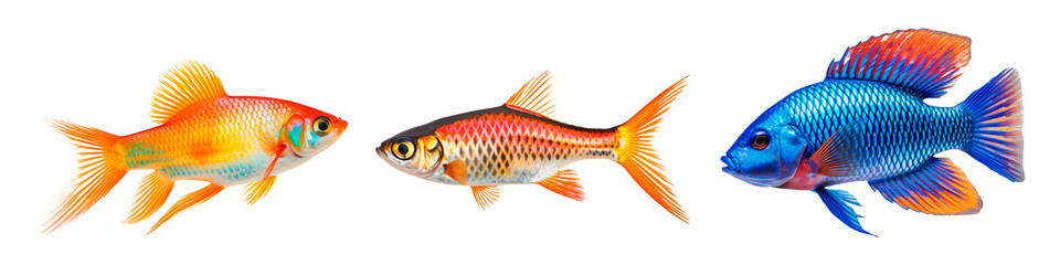 Fototapeta premium Set of different fishes isolated on white or transparent background. Close-up of blue and orange fishes, side view. A graphic design element to be inserted into a project.
