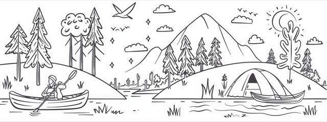 Fototapeta premium Line art illustrations of outdoor activities such as hiking, camping, and kayaking.