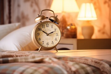 Vintage alarm clock on cozy bed