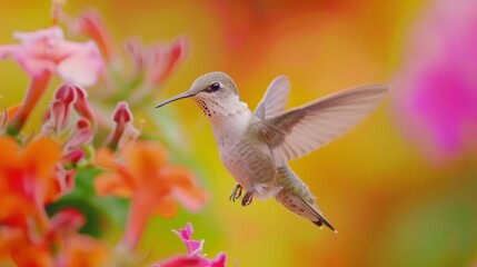 Fototapeta premium A close-up of a hummingbird hovering in mid-air, feeding from the nectar of a brightly colored flower.