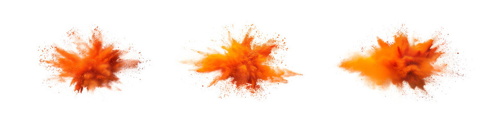 Set bundle Orange color powder dust explosion PNG transparent background isolated graphic resource. Celebration, colorful festival, run or party element