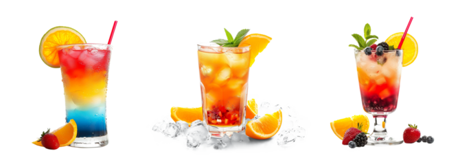 set bundle of colorful exotic refreshing cold cocktails PNG transparent background isolated graphic resource. Citrus fruit and ice summer garnish