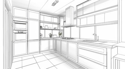 Contemporary kitchen design sketch with 3D perspective. Interior design concept for design and print