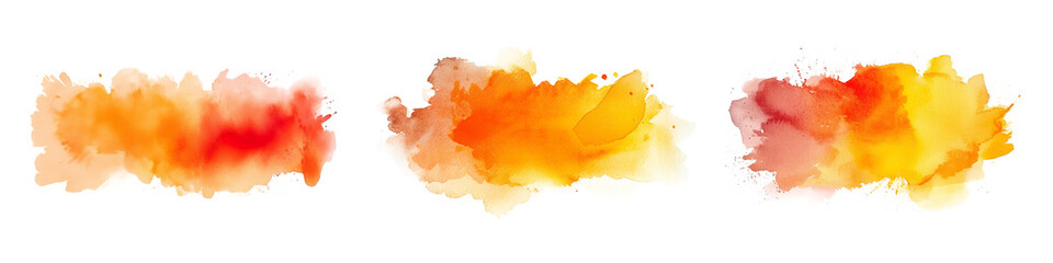 Set bundle Abstract yellow red watercolor paint brush stroke flow texture PNG transparent background isolated graphic resource. Vibrant mixed color orange art shape design