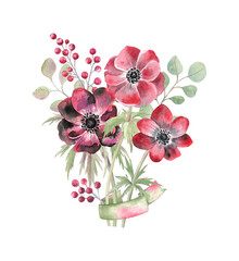 Watercolor illustration of the anemone flowers, berries and eucalyptus. The bouquet is tied with a ribbon which can be used as a place for text. Modern, brave and bright artwork for cards and stickers