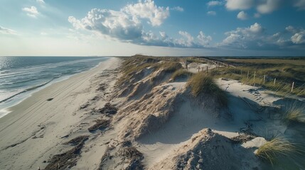 A coastal dune restoration project underway, stabilizing sand dunes and protecting against coastal erosion.