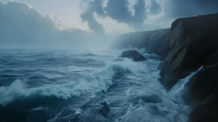 A coastal scene with rugged cliffs overlooking a turbulent ocean at dusk