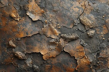 Rugged Bronze Surface with Peeling Paint and Textured Rocks