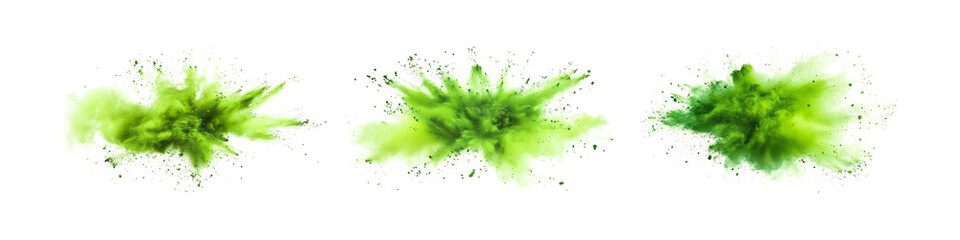 Set bundle Green color powder dust explosion PNG transparent background isolated graphic resource. Celebration, colorful festival, run or party element