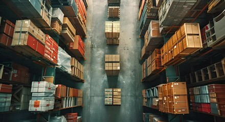 Automated warehouse system enhances efficiency by automating package selection and delivery operations. Concept Warehouse Automation, Package Selection, Delivery Operations, Efficiency Enhancement