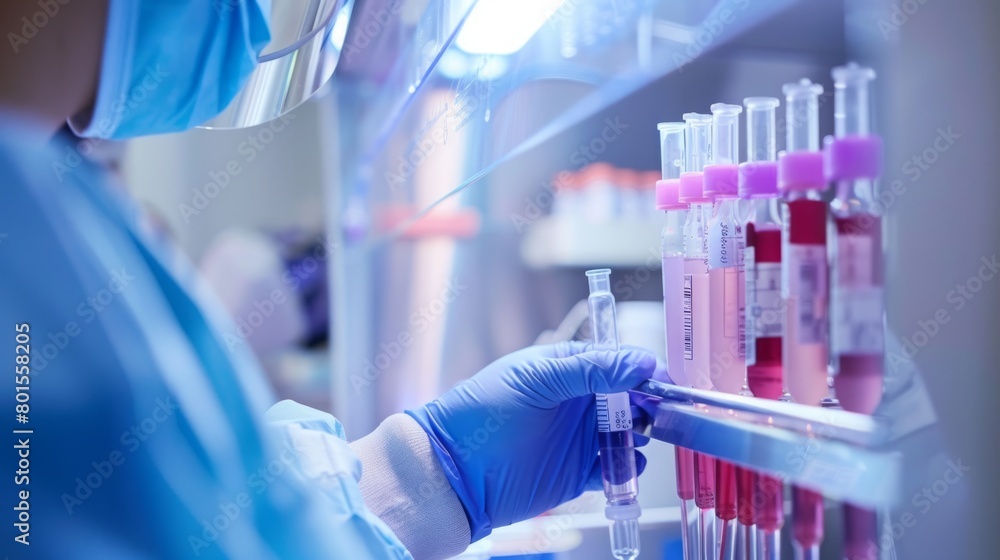 Poster a person in a lab setting holding a tube filled with blood for medical testing and analysis.