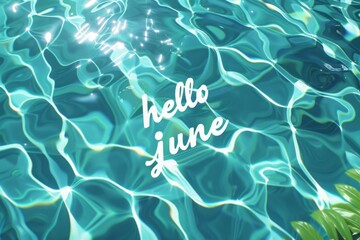 summer pool background with text Layers of water, blue and green colors with the word "hello june" written in white letters Generative AI - Powered by Adobe