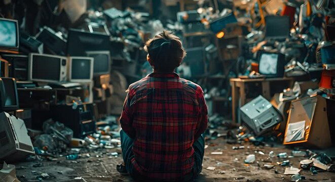 Man sitting surrounded by trash addicted to online gaming viewed from behind. Concept Technology Addiction, Environmental Degradation, Virtual Reality, Isolation, Digital Detox