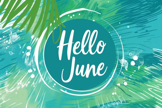 "Hello June", circular logo, text in white on a teal and green gradient background, pool water ripples Generative AI