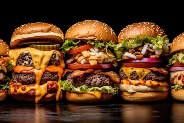 Various hamburger types displayed on table as staple fast food dish