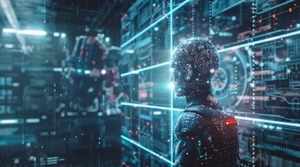 Obraz premium Futuristic Cyber Profile: Detailed Digital Representation of a Human Face