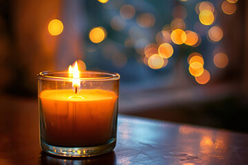 A single candle with a glowing flame and soft bokeh of golden lights in the blurred background
