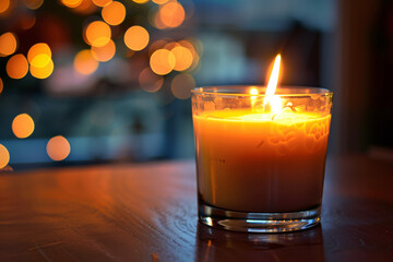 candle burning with a soft bokeh of Christmas lights in the background